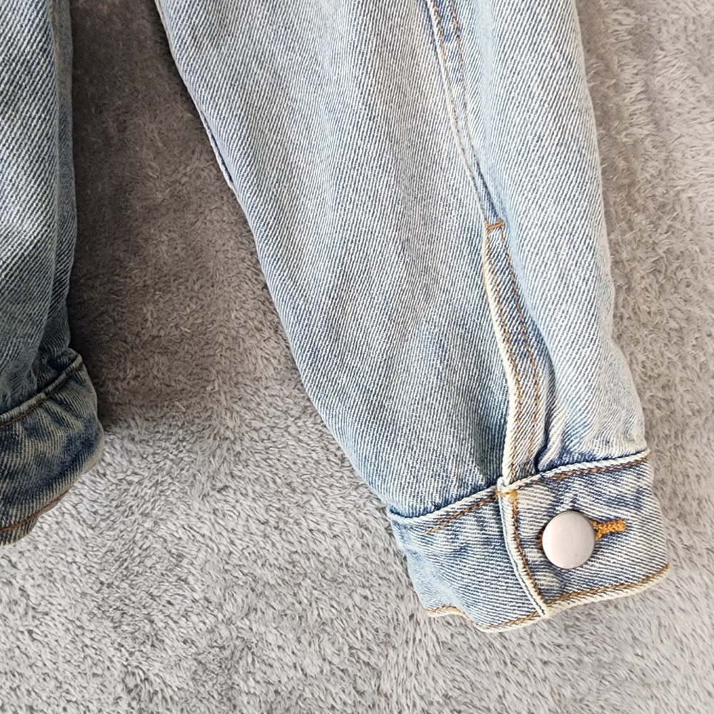 Polagram Jean Jacket Womens Small Light Wash Frayed Hem Denim Trucker Preppy - Picture 8 of 10